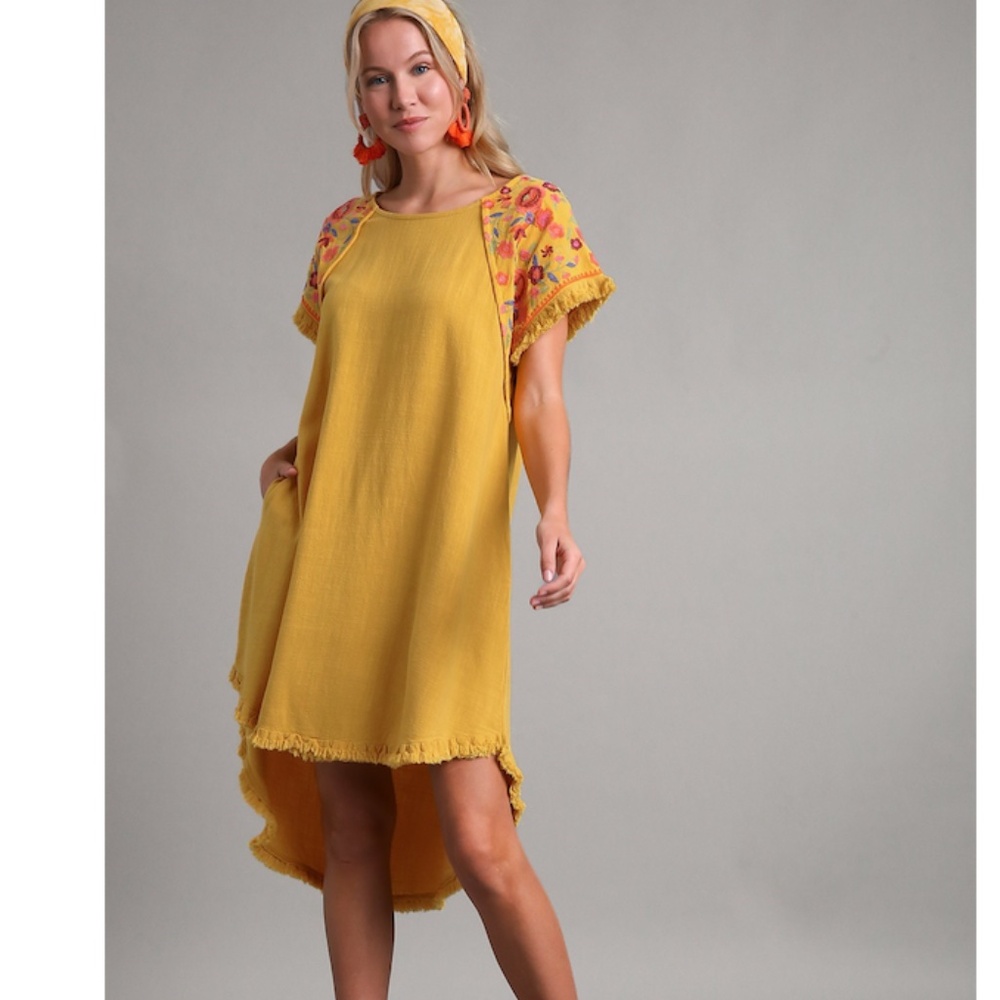 Umgee Yellow Embroidered Sleeve Shift Dress